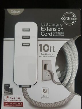 White USB Charging Extension Cord with Surge Protection - 10ft